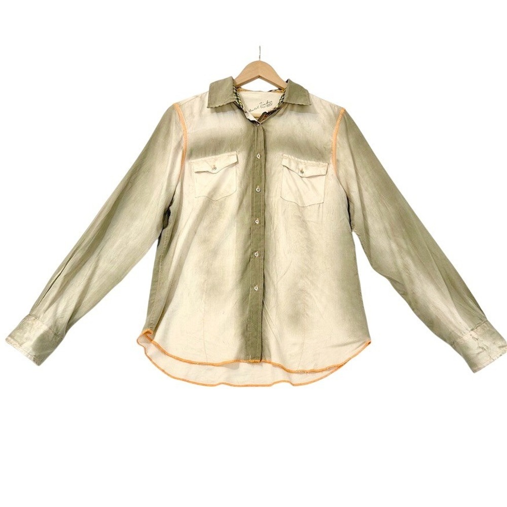 Arnold Zimberg Mens Silk Western Shirt Green Tan Ombre Distressed RN111637